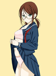  absurdres blue_sailor_collar blue_shirt blue_skirt bra brown_hair closed_mouth clothes_lift cowboy_shot crotch_seam female from_side glasses green_eyes hair_tie highres lifting_own_clothes light_frown long_sleeves looking_at_viewer low_twintails medium_hair moonsorrow navel neckerchief open_clothes open_shirt original panties pink_bra pink_panties pleated_skirt red_neckerchief round_eyewear sailor_collar school_uniform serafuku shirt simple_background skirt skirt_lift solo standing training_bra twintails underwear undone_neckerchief yellow_background 