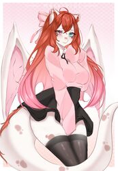  absurdres artist_name between_legs black_thighhighs blue_eyes breasts brown_hair collared_sweater colored_inner_hair commentary dragon_ears dragon_tail dragon_wings english_commentary facial_mark female furry furry_female gradient_hair hand_between_legs heart heart_facial_mark heterochromia highres looking_at_viewer medium_breasts metalkrot multicolored_hair original pink_eyes pink_hair pink_sweater sleeves_past_wrists sweater tail thighhighs wings 