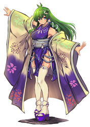  absurdres armpits bare_shoulders blue_eyes blush breasts closed_mouth detached_sleeves female frog_hair_ornament full_body green_hair hair_between_eyes hair_ornament hair_tubes highres kochiya_sanae large_breasts long_hair obi obijime sash sen_(daydream_53) simple_background smile snake_hair_ornament solo standing thighhighs touhou white_background white_thighhighs wide_sleeves 