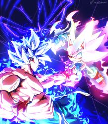  2boys aura battle clenched_hand closed_mouth commentary crossover dragon_ball dragon_ball_super duel electricity english_commentary funnismonkis furry furry_male gloves glowing grey_hair highres hyper_sonic looking_at_another male_focus multiple_boys muscular muscular_male red_footwear serious shoes sneakers son_goku sonic_(series) sonic_the_hedgehog spiked_hair topless_male trait_connection twitter_username ultra_instinct white_gloves 