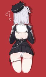  absurdres ass azur_lane black_dress black_headwear black_skirt chains commentary cropped_legs dress female from_behind hair_bun hands_up heart highres jade_(azur_lane) londom_(lonhomewell) miniskirt panties pleated_skirt red_background short_hair simple_background skirt solo thigh_strap tilted_headwear underwear white_hair white_panties 