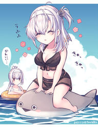  2girls anchor_hair_ornament barefoot bikini black_bikini breasts check_translation chibi cleavage closed_eyes cloud dated day fish fuyutsuki_(kancolle) hachimaki hair_between_eyes hair_ornament headband highres innertube kabocha_torute kantai_collection large_breasts long_hair multiple_girls navel no_mouth one_side_up outdoors parted_lips ponytail riding sacabambaspis sitting sky suzutsuki_(kancolle) suzutsuki_(swimsuit_mode)_(kancolle) swim_ring swimsuit translation_request twitter_username water white_bikini white_hair 