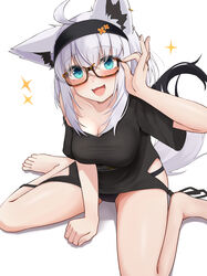  absurdres adjusting_eyewear ahoge animal_ear_fluff animal_ears black_hairband black_panties black_shirt blush breasts cleavage commentary_request earrings female fox_ears fox_girl fox_tail glasses green_eyes hair_between_eyes hairband highres hololive jewelry long_hair looking_at_viewer medium_breasts micon open_mouth panties shirakami_fubuki shirakami_fubuki_(loungewear) shirt sidelocks simple_background sitting solo sparkle tail underwear virtual_youtuber wariza white_background white_hair 