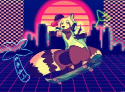  ailurid anthro cassette_tape checkered checkered_background city city_background clothing collar electronics grid_floor hat headgear headphones headphones_around_neck headwear heterochromia hi_res jean_vest long_tail male mammal milk_carton neon_lights pattern_background possumgod puck_(possumgod) red_panda shirt short_male simple_background skateboard skateboarding slim solo synthwave t-shirt tail topwear vehicle 