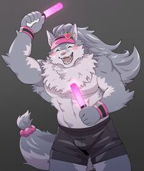  abs anthro athletic athletic_anthro athletic_male blush bottomwear canid canine canis cheering clothed clothing fur glowstick grey_body grey_fur hat hati_(tas) headgear headwear hi_res launcher_r lifewonders male mammal pecs shorts solo tokyo_afterschool_summoners topless visor_cap wolf 