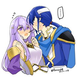  1boy bare_shoulders blue_eyes blush breasts brother_and_sister cape circlet dress female fire_emblem fire_emblem:_genealogy_of_the_holy_war flustered food headband implied_incest incest incoming_pocky_kiss julia_(fire_emblem) open_mouth pocky ponytail purple_eyes seliph_(fire_emblem) siblings simple_background white_headband yukia_(firstaid0) 