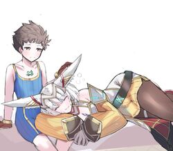  1boy :3 age_difference animal_ear_fluff animal_ears brown_gloves cat_ears chest_jewel ear_covers female from_side gloves juneplums lap_pillow light_blush nia_(xenoblade) onee-shota pantyhose rex_(xenoblade) rubbing_ears shorts simple_background smile tank_top time_paradox very_long_ears xenoblade_chronicles_(series) xenoblade_chronicles_2 xenoblade_chronicles_3 