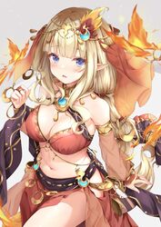  absurdres armlet bare_shoulders belly_chain bikini blonde_hair blue_eyes blush bracelet bracer braid braided_ponytail breasts brooch circlet cleavage dancer detached_sleeves elf female fire_hair_ornament hair_ornament highres jewelry large_breasts long_hair looking_at_viewer navel neck_ring o-ring official_alternate_costume orange_bikini parted_lips pointy_ears princess_connect! rumiko_(rmeco) saren_(princess_connect!) saren_(sarasaria)_(princess_connect!) sarong sidelocks smile solo swimsuit thighs 