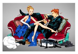  1boy alexander_(veil) blonde_hair blue_dress box closed_eyes commentary couch dated dress earrings elbow_gloves emma_(veil) extreme_dangling female gift gift_box gloves grey_background hair_bun high_heels jewelry kotteri legs_on_another&#039;s_lap looking_at_another nail_polish necktie official_art on_couch orange_hair pants pillow profile shoe_dangle shoes short_hair simple_background smile socks suit veil_(manga) watch white_gloves wristwatch 