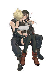  1boy baggy_pants bare_shoulders bike_shorts_under_skirt black_footwear black_gloves black_hair black_skirt black_thighhighs blonde_hair blush boots breasts brown_gloves brown_hair closed_eyes closed_mouth cloud_strife commentary couple crop_top elbow_gloves female final_fantasy final_fantasy_vii final_fantasy_vii_remake fingerless_gloves full_body gloves head_on_another&#039;s_shoulder heart hug hug_from_behind invisible_chair large_breasts long_hair low-tied_long_hair midriff one_eye_closed pants pudelmudel red_eyes red_footwear short_hair single_arm_guard sitting sitting_on_lap sitting_on_person skirt sleeveless sleeveless_turtleneck smile spiked_hair straight suspender_skirt suspenders sweater swept_bangs tank_top thighhighs tifa_lockhart turtleneck turtleneck_sweater very_long_hair white_background white_tank_top 