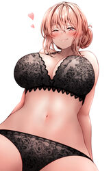  arms_behind_back black_bra black_panties blush bra breasts closed_mouth female from_below hair_between_eyes hair_bun heart highres huge_breasts lace-trimmed_bra lace-trimmed_panties lace_trim large_breasts long_hair looking_at_viewer mature_female navel one_eye_closed orange_eyes orange_hair panties print_bra print_panties red_eyes red_hayao short_hair simple_background single_hair_bun smile solo underwear underwear_only white_background yahari_ore_no_seishun_lovecome_wa_machigatteiru. yuigahama_yui&#039;s_mother 