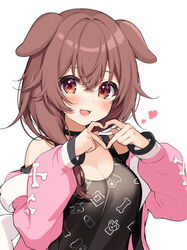  absurdres animal_ears animal_print bare_shoulders black_choker black_tank_top blush bone_print breasts brown_eyes brown_hair choker cleavage commentary_request crossed_bangs dog_ears dog_girl dog_print dot_nose female hair_between_eyes hair_over_shoulder hands_up heart heart_hands highres hololive inugami_korone inugami_korone_(loungewear) jacket large_breasts long_hair long_sleeves looking_at_viewer official_alternate_costume open_clothes open_jacket open_mouth pink_jacket simple_background smile solo takumin_dx tank_top virtual_youtuber white_background 