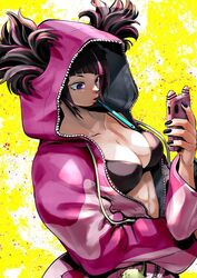  black_bra black_hair black_nails bra breasts cleavage collarbone diagonal_bangs eyelashes female hair_through_hood holding holding_phone hood hood_up hooded_pajamas juri_han looking_at_phone multicolored_hair official_alternate_costume onesie open_mouth pajamas phone pink_hair pink_hood pink_pajamas purple_eyes short_hair solo streaked_hair street_fighter street_fighter_6 takafumi_696 twintails two-tone_hair underwear yellow_background zipper 