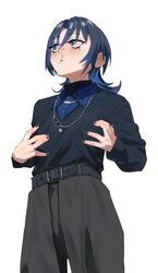  androgynous belt black_belt black_nails black_pants black_shirt black_sweater blue_eyes blue_hair blue_shirt blue_sweater blush chain_necklace chains collared_shirt colored_inner_hair commentary cowboy_shot female flat_chest grey_pants hair_between_eyes hands_on_own_chest highres hiodoshi_ao hololive hololive_dev_is jewelry long_hair long_sleeves looking_ahead looking_up medium_hair multicolored_hair nail_polish necklace open_mouth pants parted_lips reverse_trap shirt shirt_tucked_in simple_background snot solo sweater uzuradobin virtual_youtuber white_background 