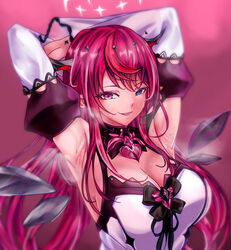  absurdres armpits breasts brooch cleavage commentary crystal_wings detached_sleeves double_halo dress english_commentary eyelashes female halo heterochromia highres hololive hololive_english horns irys_(hololive) irys_(irys_2.0)_(hololive) jewelry large_breasts long_hair looking_at_viewer mea_(manami030) multicolored_hair pink_background pink_hair pointy_ears presenting_armpit red_hair ribbon smelly_armpits smile solo star_halo steam steaming_body streaked_hair sweat upper_body virtual_youtuber 