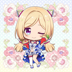  aki_rosenthal aki_rosenthal_(sleepwear) blonde_hair blue_footwear blue_jacket breasts chibi cleavage crepe female food full_body highres holding holding_food hololive jacket long_hair looking_at_viewer navel official_alternate_costume one_eye_closed ousawa_kanata purple_eyes shorts small_breasts smile solo twintails virtual_youtuber white_shorts 