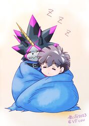  anthro bandai_namco black_body brown_hair cuddling digimon digimon_(species) digimon_ghost_game duo gulusgammamon hair hi_res hiro_amanokawa human male mammal sleeping vfcou 