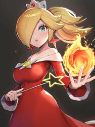  absurdres alternate_color aqua_eyes bare_shoulders blonde_hair breasts brooch cleavage collarbone commentary crown dress earrings female fire fire_rosalina gonzarez hair_over_one_eye half-closed_eyes highres jewelry large_breasts long_hair long_sleeves mario_(series) off-shoulder_dress off_shoulder official_alternate_costume one_eye_covered ponytail red_dress rosalina solo star_(symbol) star_brooch star_earrings star_wand super_mario_3d_world 