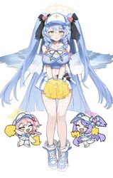  3girls angel_wings blue_archive blue_footwear blue_hair blue_wings blush boots braid breasts cheering cheerleader closed_eyes collarbone feathered_wings feathers full_body green_eyes hair_between_eyes halo hanae_(blue_archive) hanae_(cheer_squad)_(blue_archive) highres holding holding_pom_poms large_breasts long_hair mine_(blue_archive) multiple_girls navel nemo_(leafnight) oerba_yun_fang official_alternate_costume one_side_up open_mouth pink_hair pink_halo pointy_ears pom_pom_(cheerleading) purple_hair serina_(blue_archive) simple_background skin_fang smile twin_braids twintails white_background wings yellow_halo 