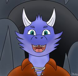  2023 anthro bennybug blue_body bust_portrait cave clothing digital_media_(artwork) female front_view gaping_mouth hi_res horn kobold leather leather_clothing leather_topwear looking_at_viewer loskra open_mouth portrait sharp_teeth shimmering_spectrum signature smile solo teeth topwear uvula 