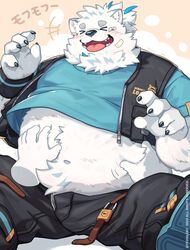  &gt;_&lt; 1boy absurdres animal_ears bandaid bandaid_on_face bara belly belly_rub belt blue_fur blue_shirt blush closed_eyes dog_boy dog_ears fingernails furry furry_male highres keyhole live_a_hero male_focus navel neck_fur open_belt open_fly pocket ponytail sharp_fingernails shirt sitting sleeveless sleeveless_jacket solo tickling tickling_sides tickling_stomach tongue tongue_out white_fur wristband yed_(yedsilent) yohack 