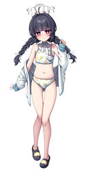  absurdres ahoge animal_ears armpits bare_legs bikini black_hair blue_archive blush braid bright_pupils dated_commentary fake_animal_ears female full_body halo highres jacket jacket_partially_removed leaf_print looking_at_viewer metaljelly miyu_(blue_archive) miyu_(swimsuit)_(blue_archive) navel official_alternate_costume petite print_bikini rabbit_ears red_eyes simple_background solo stomach swimsuit twin_braids white_background white_bikini white_jacket white_pupils 