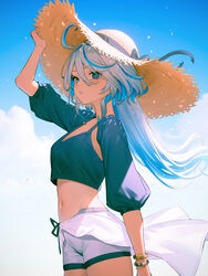  95--- alternate_costume blue_eyes blue_hair blue_sleeves bracelet cloud commentary crop_top detached_sleeves drop-shaped_pupils english_commentary female floating_hair furina_(genshin_impact) genshin_impact hand_on_headwear hat heterochromia highres jewelry light_blue_hair long_hair looking_at_viewer looking_to_the_side midriff mismatched_pupils multicolored_hair navel outdoors parted_lips ponytail sarong short_shorts shorts sky solo straw_hat sun_hat symbol-shaped_pupils white_hair white_sarong white_shorts 