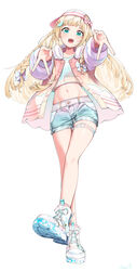  absurdres aqua_eyes backwards_hat belt blonde_hair blunt_bangs bow braid commentary cropped_shirt double_v female full_body gyaru_v hat hat_bow headphones headphones_around_neck highres hololive jacket kazama_iroha kazama_iroha_(streetwear) leg_up long_hair long_sleeves midriff navel official_alternate_costume official_alternate_hairstyle open_clothes open_jacket open_mouth pastel_colors pink_bow pink_jacket polka_dot polka_dot_bow puffy_long_sleeves puffy_sleeves shirt silver_shorts simple_background single_braid smile solo standing standing_on_one_leg stomach teeth thigh_strap thighs totoro_(hirohero24) upper_teeth_only v virtual_youtuber white_background white_belt white_footwear white_hat white_shirt yume_kawaii 