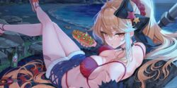  bare_shoulders beach bikini black_bow black_choker black_cloak blonde_hair blue_shorts bottle bow breasts choker cloak closed_mouth crossed_legs female fingernails flame_print fur-trimmed_cloak fur-trimmed_shorts fur_trim hair_between_eyes hair_ornament hairbow highres holding hot_dog hot_sauce kirisame_marisa kirisame_marisa_(witch_of_scarlet_dreams) kirisame_marisa_(witch_of_scarlet_dreams_on_vacation) lips looking_at_viewer looking_to_the_side medium_breasts non-web_source ocean off_shoulder official_art okuma_mai ponytail red_bikini red_scrunchie rock sandals scar scrunchie second-party_source shorts solo star_(symbol) star_hair_ornament swimsuit touhou touhou_lostword water yellow_eyes 