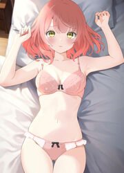  absurdres bad_id bad_pixiv_id bed blush bra breasts collarbone female highres love_live! love_live!_nijigasaki_high_school_idol_club lying medium_breasts medium_hair navel on_back on_bed panties pillow pink_bra pink_hair pink_panties solo stomach uehara_ayumu underwear underwear_only yellow_eyes yuukinui 