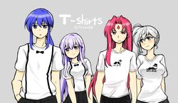  2boys 2girls blue_eyes blue_hair breasts brother_and_sister brothers circlet facial_mark fire_emblem fire_emblem:_genealogy_of_the_holy_war forehead_mark grey_hair hands_in_pockets ishtar_(fire_emblem) julia_(fire_emblem) julius_(fire_emblem) long_hair looking_at_another multiple_boys multiple_girls open_mouth ponytail purple_eyes purple_hair red_hair seliph_(fire_emblem) shirt siblings simple_background smile white_shirt yukia_(firstaid0) 