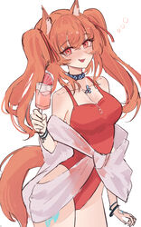  angelina_(arknights) angelina_(summer_flower)_(arknights) animal_ear_fluff animal_ears arknights blue_flower blush breasts cleavage cowboy_shot drink female flower fox_ears fox_girl fox_tail grapefruit grapefruit_slice highres holding holding_drink infection_monitor_(arknights) jewelry looking_at_viewer medium_breasts necklace official_alternate_costume one-piece_swimsuit red_one-piece_swimsuit red_ribbon ribbon shino_duka smile solo spaghetti_strap standing swimsuit swimsuit_cover-up tail twintails white_background 