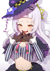  absurdres black_skirt blush breasts brown_gloves chain_hairband chains cleavage cropped_shirt female gloves grey_hair hair_bun hair_ornament hat highres hololive long_hair looking_at_viewer lunch_boxer murasaki_shion murasaki_shion_(1st_costume) navel open_mouth orange_eyes purple_hat shirt short_eyebrows sidelocks single_hair_bun skirt small_breasts smile solo star_(symbol) star_hair_ornament striped_clothes striped_shirt teeth upper_teeth_only vertical-striped_clothes vertical-striped_shirt virtual_youtuber witch_hat 