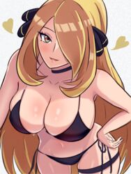  alternate_breast_size alternate_eye_color amrbatafri bikini black_bikini black_choker blonde_hair breasts choker cleavage cynthia_(pokemon) female hair_ornament hair_over_one_eye hand_on_own_hip heart highres large_breasts leaning_forward long_hair looking_at_viewer navel parted_lips pokemon pokemon_dppt smile solo stomach swimsuit thigh_strap very_long_hair yellow_eyes 