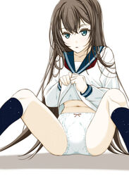  black_hair black_socks blue_eyes blue_sailor_collar bow bow_panties clothes_lift commentary female highres lifting_own_clothes long_hair long_sleeves looking_at_viewer m_legs moonsorrow navel neckerchief original panties parted_lips red_neckerchief sailor_collar school_uniform serafuku shirt shirt_lift simple_background sitting socks solo underwear very_long_hair white_background white_panties white_shirt 