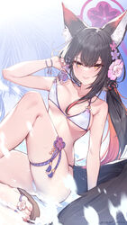  animal_ears arm_support artist_name ass bikini black_hair blue_archive blush breasts collarbone colored_inner_hair commentary female flower fox_ears fox_girl fox_tail grin hair_between_eyes hair_flower hair_ornament halo halterneck highres knee_up large_breasts leg_ribbon long_hair looking_at_viewer multicolored_hair official_alternate_costume ponytail purple_halo red_hair revision ribbon sandals sitting smile solo string_bikini swimsuit tail thigh_ribbon toenails toes twitter_username two-tone_hair wakamo_(blue_archive) wakamo_(swimsuit)_(blue_archive) white_bikini yellow_eyes yellowpaint. 