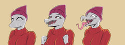  5_fingers anthro beanie breasts cavemanon_studios closed_eyes clothing colored deadassspider dinosaur erin_(snoot_game) extinct female fingers fist forked_tongue goo-connected_lips hat headgear headwear hi_res long_tongue narrowed_eyes open_mouth prehistoric_species red_eyes reptile scalie sequence sharp_teeth simple_background smile snoot_game snout solo sweater teeth tongue topwear 