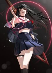  absurdres black_choker black_hair black_jacket black_shirt black_skirt breasts bright_pupils chisa_(wuthering_waves) choker commentary crop_top female hair_ribbon highres holding holding_sword holding_weapon jacket long_hair looking_at_viewer medium_breasts neckerchief red_eyes red_neckerchief red_ribbon ribbon sailor_collar shirt skirt solo sword t3ku thigh_strap thighs weapon white_pupils white_sailor_collar wuthering_waves 