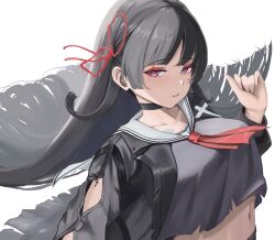  absurdres arm_cutout black_choker black_hair black_jacket black_shirt breasts chisa_(wuthering_waves) choker clothing_cutout commentary_request donutman0112 female hair_ribbon hand_up highres jacket long_hair looking_at_viewer medium_breasts mole mole_under_eye navel neckerchief parted_lips partial_commentary red_eyes red_neckerchief red_ribbon ribbon sailor_collar shirt simple_background solo upper_body white_background white_sailor_collar wuthering_waves 