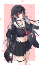  absurdres arm_cutout black_choker black_hair black_jacket black_serafuku black_skirt border chisa_(wuthering_waves) choker clothing_cutout commentary cowboy_shot crop_top cropped_shirt crossed_bandaids eyes_visible_through_hair female hair_ribbon hand_up highres index_finger_raised jacket jinger_h light_blush long_hair long_sleeves looking_at_viewer midriff miniskirt navel neckerchief off_shoulder outside_border panty_straps parted_lips pink_background pink_ribbon pleated_skirt red_eyes red_neckerchief ribbon sailor_collar school_uniform serafuku skirt solo standing thigh_strap white_border white_sailor_collar wuthering_waves 