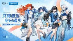  4girls ahoge augusta_(wuthering_waves) black_hair black_skirt blue_eyes blue_hair blue_jacket blue_ribbon blue_shirt blue_sweater breasts chinese_commentary chisa_(wuthering_waves) closed_mouth colored_inner_hair commentary_request crop_top cup denim dress drinking_glass earrings galbrena_(wuthering_waves) grey_hair hand_in_pocket highres holding holding_cup holding_umbrella iuno_(wuthering_waves) jacket jeans jewelry large_breasts lawson logo long_hair looking_at_viewer medium_breasts multicolored_hair multiple_girls navel official_alternate_costume official_art orange_hair pants purple_eyes red_eyes ribbon shirt skirt smile stomach streaked_hair sunglasses sweater torn_clothes torn_jeans torn_pants twintails umbrella white_dress wuthering_waves 