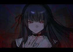  black_choker black_hair chisa_(wuthering_waves) choker closed_mouth commentary_request female fingernails hair_ribbon hand_up highres letterboxed long_hair mole mole_under_eye portrait red_eyes red_ribbon ribbon sailor_collar solo takamatu_hajime white_sailor_collar wuthering_waves 