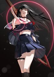  absurdres black_choker black_hair black_jacket black_shirt black_skirt breasts bright_pupils chisa_(wuthering_waves) choker commentary_request crop_top female hair_ribbon highres holding holding_sword holding_weapon jacket korean_commentary long_hair looking_at_viewer medium_breasts neckerchief red_eyes red_neckerchief red_ribbon ribbon sailor_collar shirt skirt solo sword t3ku thigh_strap thighs weapon white_pupils white_sailor_collar wuthering_waves 