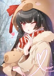  alternate_costume black_hair bright_pupils brown_jacket capybara character_name chisa_(wuthering_waves) commentary earrings english_commentary female fingernails fur-trimmed_jacket fur_trim heart highres jacket jewelry long_hair looking_at_viewer nail_polish namipon_(wuthering_waves) one_eye_closed open_mouth red_eyes red_nails red_scarf scarf snowing solo upper_body white_pupils winter wuthering_waves 
