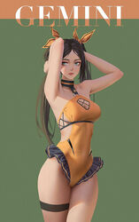  bikini breasts cleavage_cutout clothing_cutout collar covered_navel female fishnet_cutout frilled_bikini frills ga_is green_eyes hair_ribbon highleg highleg_swimsuit looking_to_the_side one-piece_swimsuit original parted_hair ribbon simple_background swimsuit thigh_strap twintails yellow_one-piece_swimsuit 