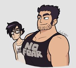  2boys bara beard_stubble black_hair black_tank_top clothes_writing cropped_torso facial_hair from_side gideon_gordon_graves girl_staring_at_guy&#039;s_chest_(meme) huge_eyebrows large_pectorals looking_ahead looking_at_another looking_at_pectorals lucas_lee male_focus matching_outfits meme multiple_boys muscular muscular_male nunu_(nunu91011) official_alternate_costume official_style pectoral_cleavage pectorals scott_pilgrim_(series) scott_pilgrim_takes_off short_hair sidepec smile stubble tank_top three_quarter_view upper_body yaoi 