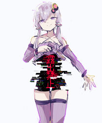  blank_censor bracelet censored censored_by_text closed_mouth clothes_lift commentary_request criss-cross_halter detached_sleeves dress dress_lift female glitch hair_ornament half-closed_eyes halter_dress halterneck head_tilt highres jewelry long_sleeves looking_at_viewer no_jacket pty purple_eyes purple_hair purple_thighhighs ribbed_dress ribbed_sleeves short_dress short_hair_with_long_locks smile solo standing thighhighs translation_request vocaloid voiceroid white_background yuzuki_yukari 