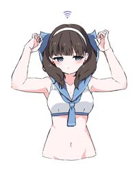  absurdres alternate_costume blush breasts brown_hair cleavage collarbone cropped_torso earrings female hairband heart heart_earrings highres idolmaster idolmaster_cinderella_girls jewelry medium_breasts navel pure_556 sailor_bikini sailor_collar sailor_swimsuit_(idolmaster) sakuma_mayu simple_background solo stomach upper_body white_hairband wi-fi_symbol 