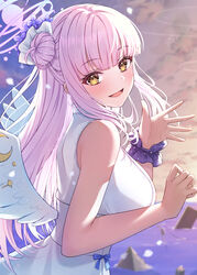  absurdres angel_wings blue_archive blush breasts dress feathered_wings female flower hair_bun hair_flower hair_ornament halo highres long_hair looking_at_viewer medium_breasts mika_(blue_archive) open_mouth outdoors pink_hair pink_halo primamiya purple_flower single_side_bun sleeveless sleeveless_dress smile solo upper_body white_dress white_wings wings yellow_eyes 