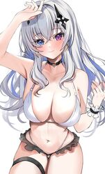  absurdres arm_up bare_arms bare_shoulders bikini black_choker blue_eyes blue_hair blush breasts choker colored_inner_hair cross-shaped_pupils crossed_bangs earrings female frilled_bikini frills grey_hair hair_between_eyes hair_ornament halterneck hand_up heterochromia highleg highleg_bikini highres invisible_chair jewelry large_breasts layered_bikini long_hair looking_at_viewer multicolored_hair navel nemun_(tamizzz) neo-porte pink_eyes simple_background sitting skindentation smile solo stomach swimsuit symbol-shaped_pupils tentei_forte thigh_strap two-tone_hair virtual_youtuber white_background white_bikini wrist_cuffs 